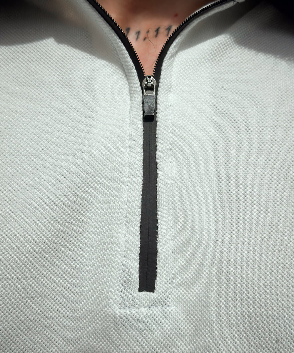 Timeless Fusion Sterick Men White Zipper Polo with Grey Striped Twill Tape