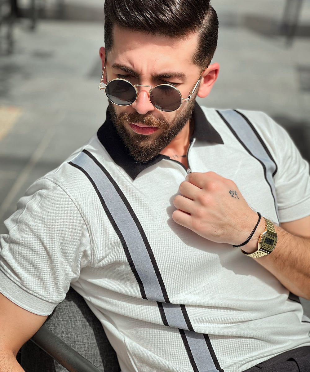 Timeless Fusion Sterick Men White Zipper Polo with Grey Striped Twill Tape