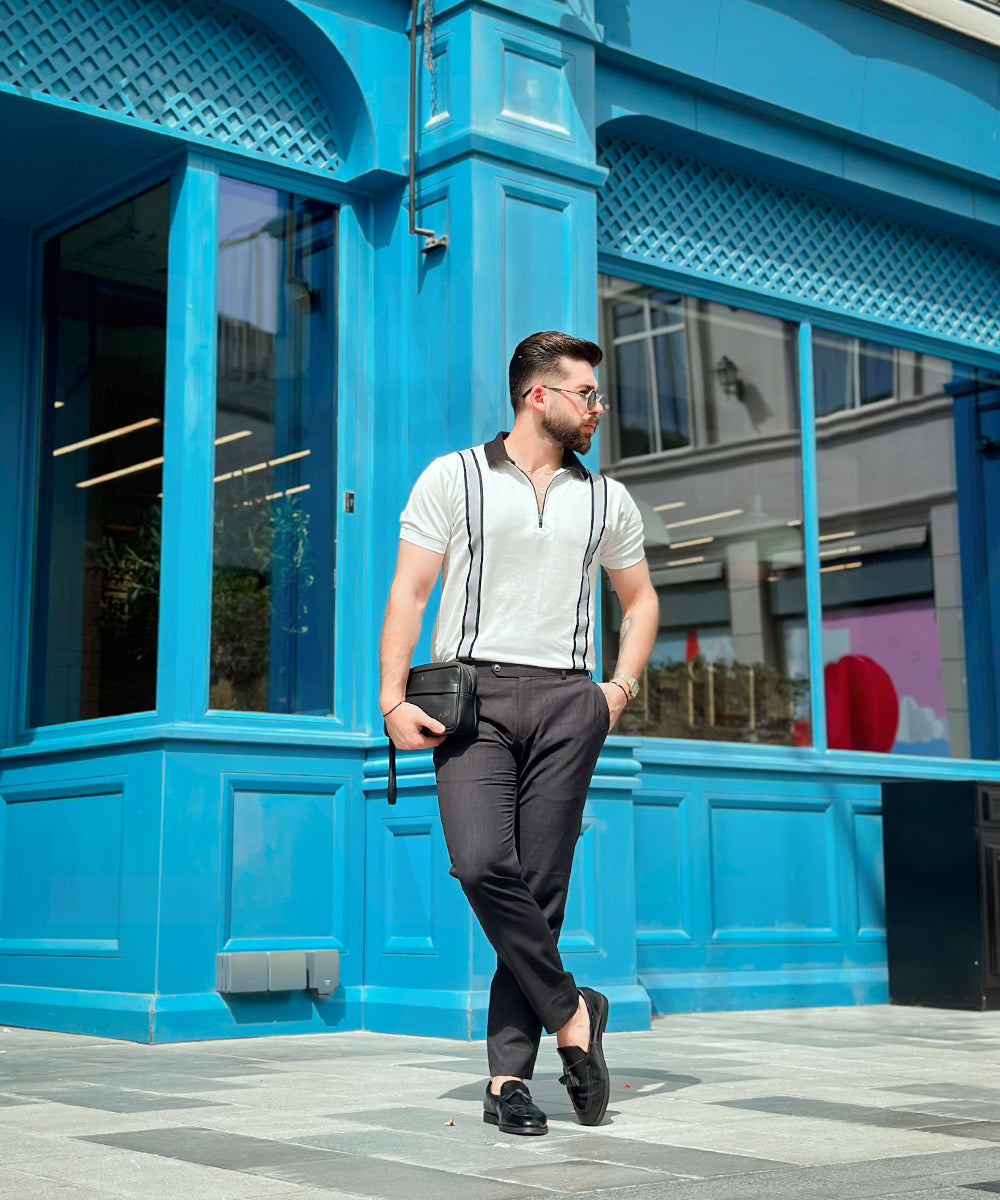 Timeless Fusion Sterick Men White Zipper Polo with Grey Striped Twill Tape