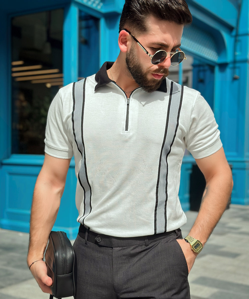 Timeless Fusion Sterick Men White Zipper Polo with Grey Striped Twill Tape
