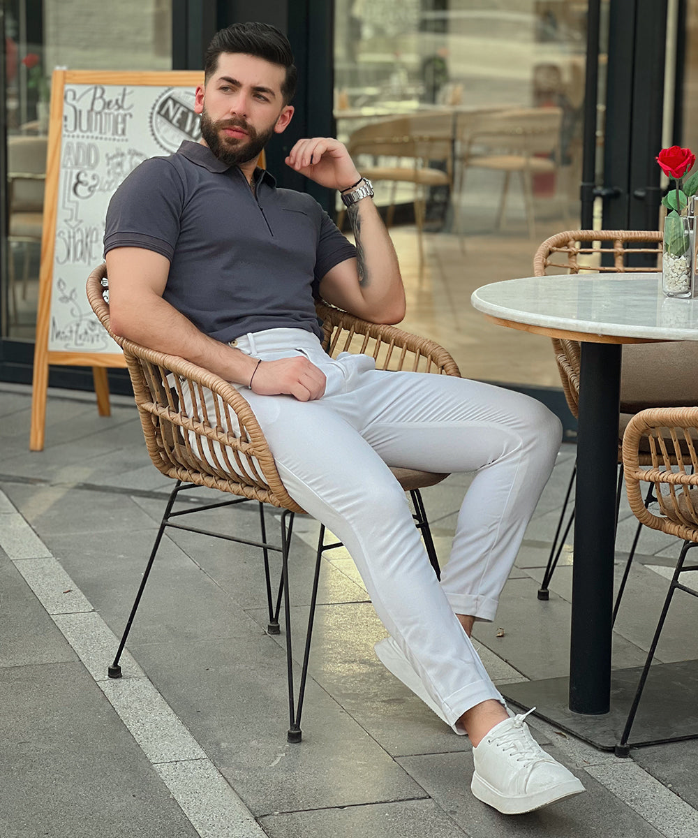 Sleek Silver Sterick Men Grey Polo Effortless Style with Bone Pocket
