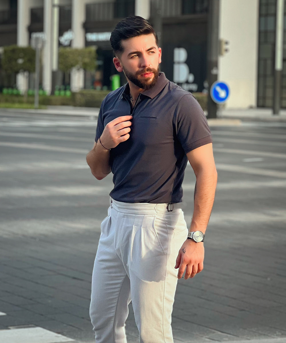Sleek Silver Sterick Men Grey Polo Effortless Style with Bone Pocket