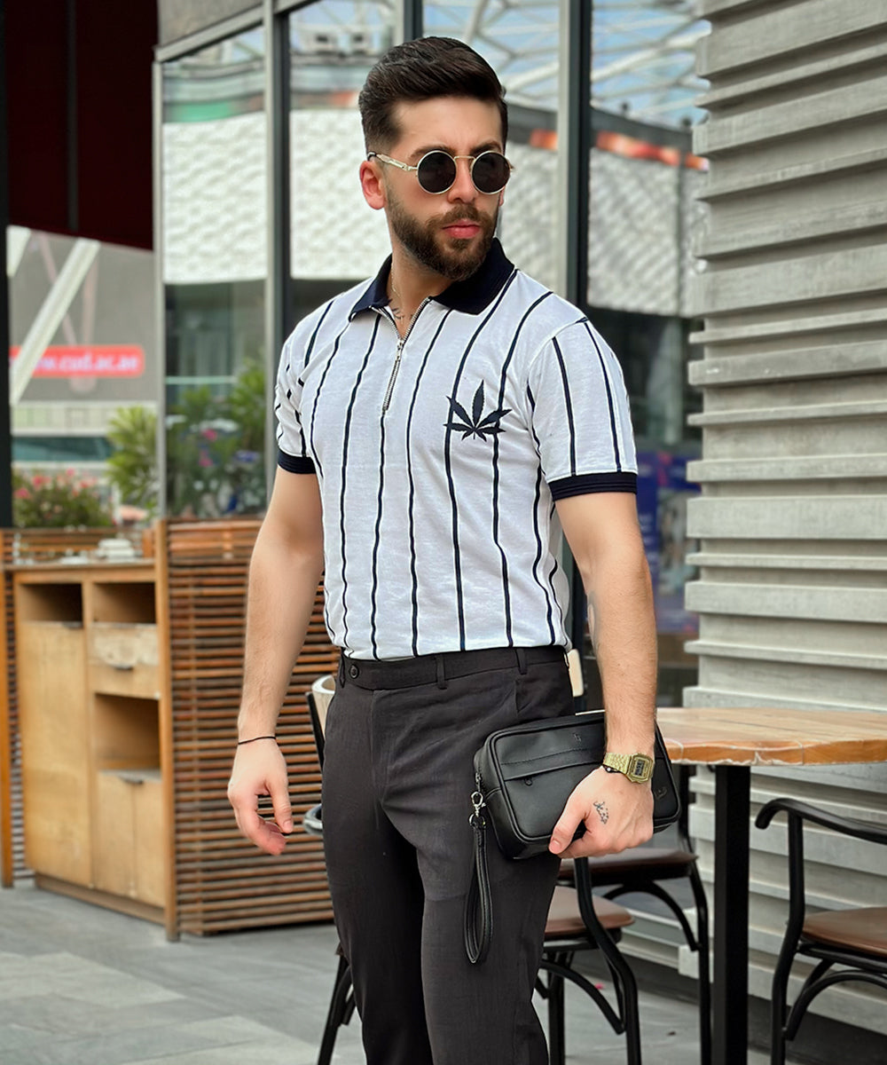 Sterick Leafy Stripes Men Zipper Polo