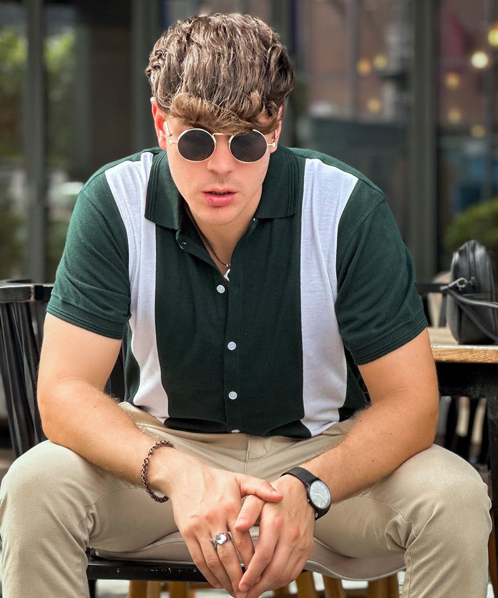 Emerald Elegance Zaavs Men Green and White Button Down Polo